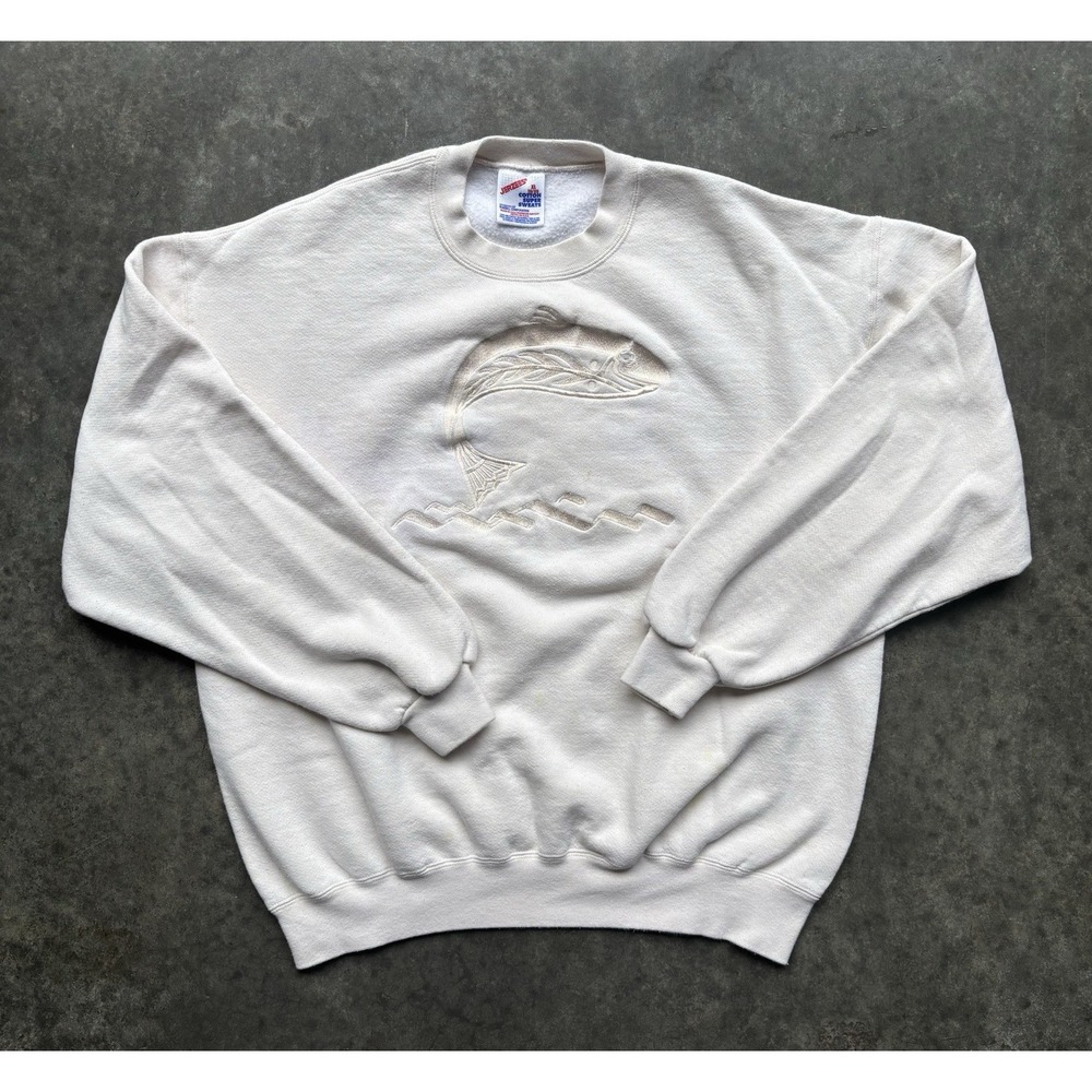 VTG 80s 90s Russell Jerszees Fish Crewneck Sweater Size XL Embroidered Pullover